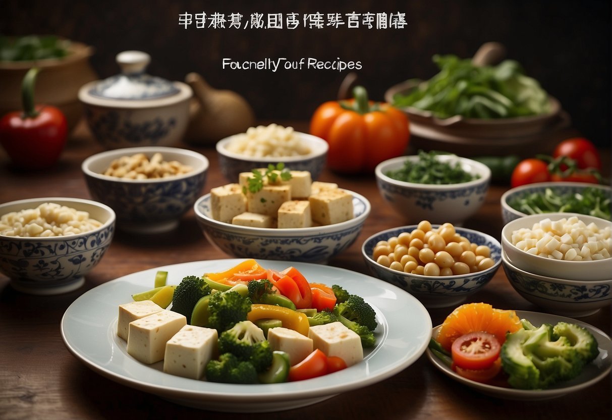 A table set with various Chinese tofu dishes and mixed vegetables, with a banner reading "Frequently Asked Questions Chinese Tofu Recipes" in the background