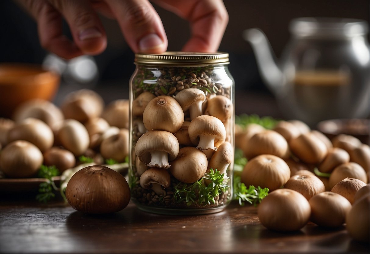A hand opens a can of button mushrooms for a Chinese recipe