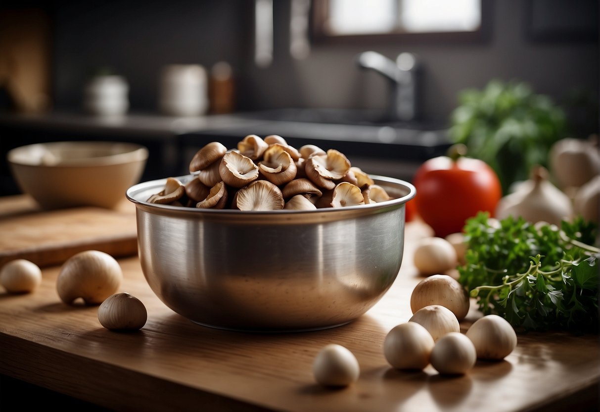 A can of button mushrooms sits open on a kitchen counter, surrounded by ingredients for a Chinese recipe. The mushrooms glisten with moisture, ready to be added to the dish