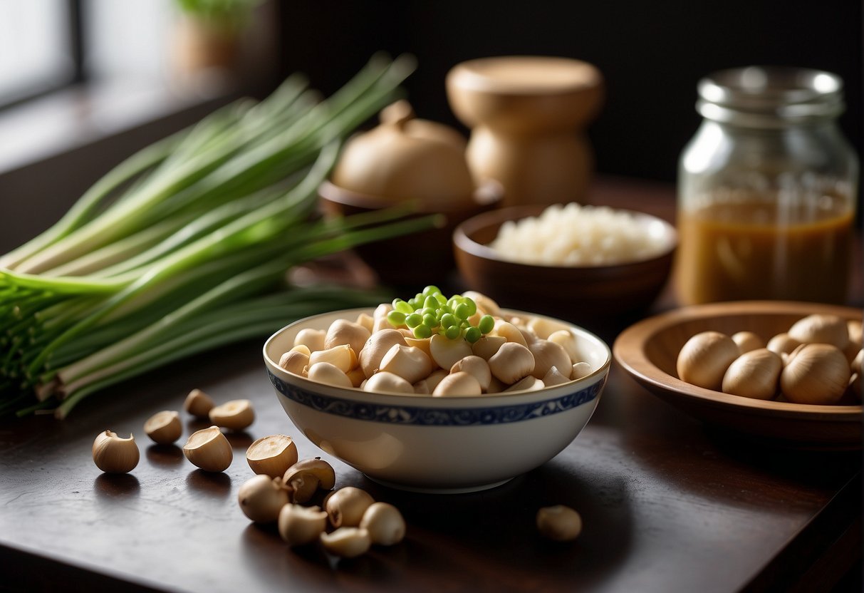 Canned button mushrooms, soy sauce, ginger, garlic, and green onions on a kitchen counter. A recipe book open to a Chinese mushroom dish