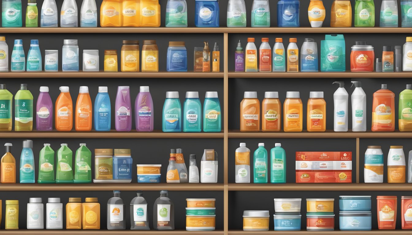 A variety of house brand products neatly arranged on shelves with clear branding and labels