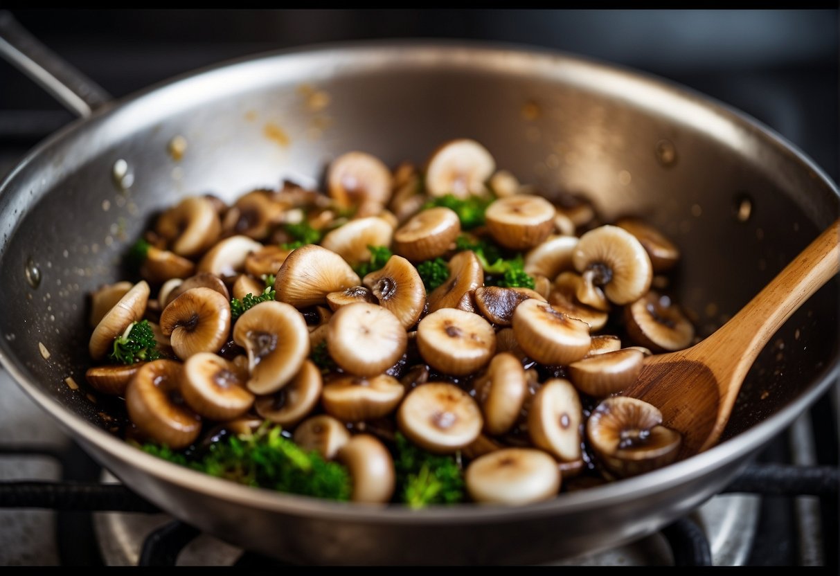 Canned button mushrooms being stir-fried in a wok with Chinese seasonings