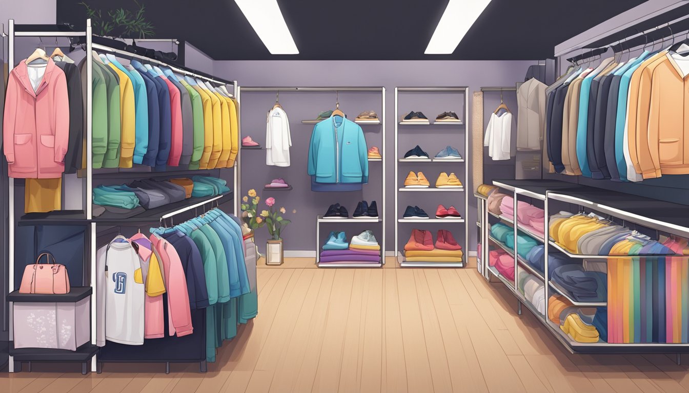 A colorful display of popular Korean clothing brands arranged on shelves and racks in a trendy boutique