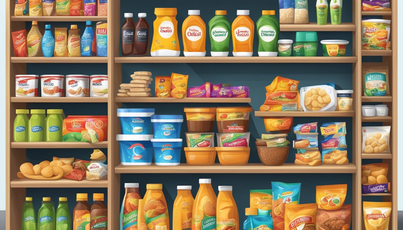 Shelves filled with various house brand products, from snacks to household items, arranged in an organized and appealing display