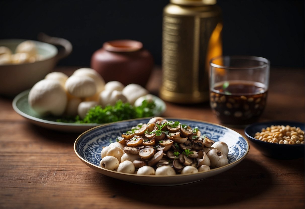 A hand holds a can of button mushrooms next to a Chinese recipe book. A serving of the dish is on a plate with chopsticks