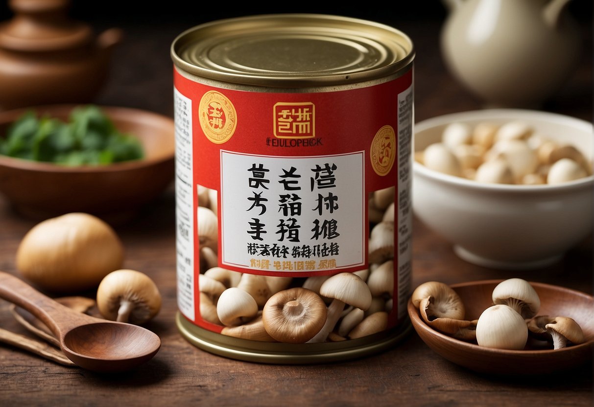 A can of button mushrooms surrounded by Chinese cooking ingredients and utensils. The label reads "Frequently Asked Questions canned button mushroom Chinese recipe."