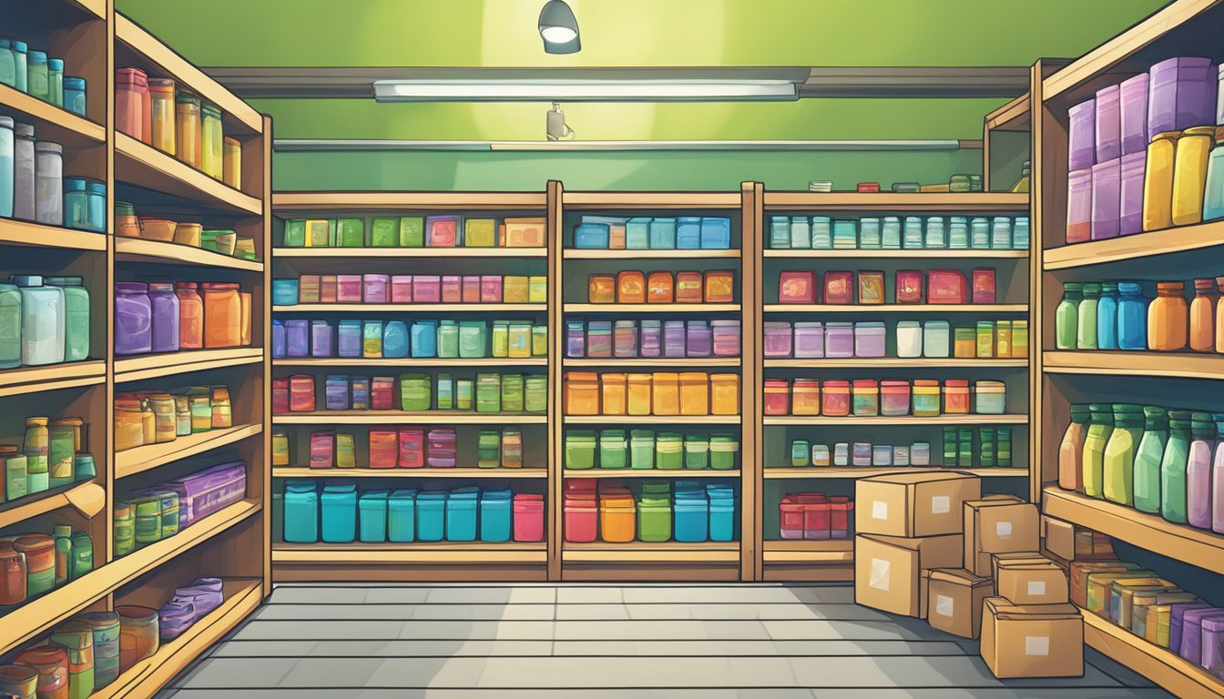 A display of FAQ house brand products with clear labels and vibrant colors, arranged neatly on shelves with a sign indicating "Frequently Asked Questions."