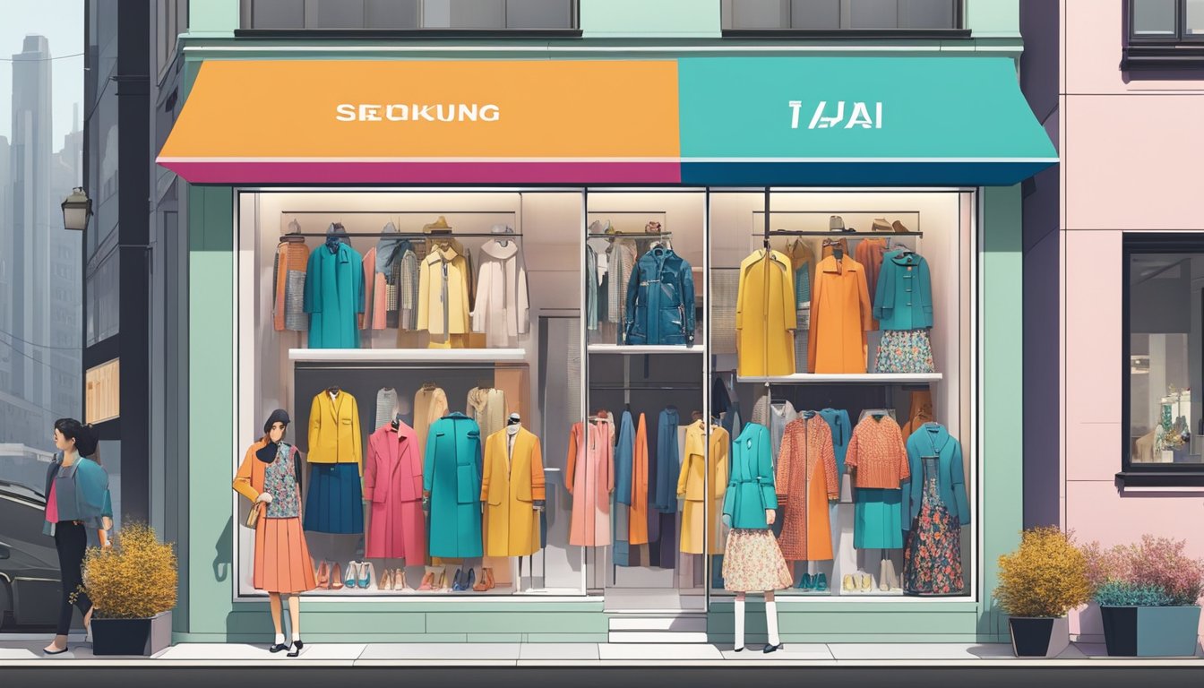 Vibrant storefronts showcase trendy Korean fashion brands in bustling Seoul. Bold patterns and modern silhouettes dominate the window displays