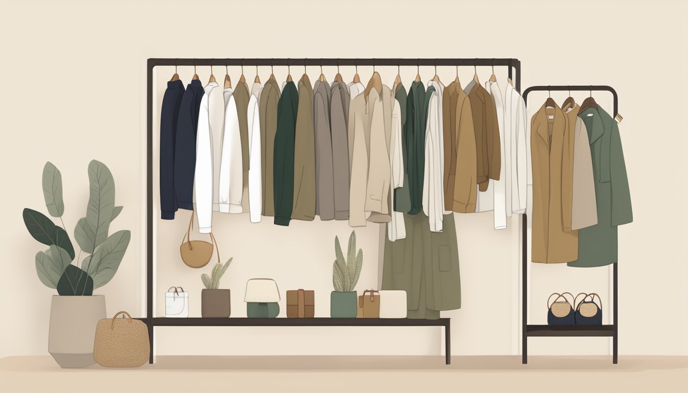 A display of gender-neutral and sustainable Korean fashion brands on a rack, featuring minimalist designs and earthy tones