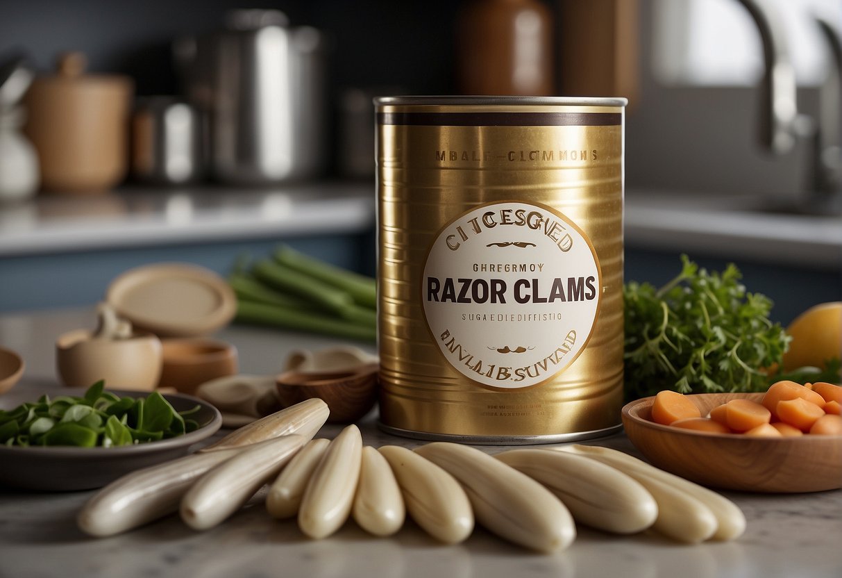 A can of razor clams sits on a kitchen counter, surrounded by various cooking ingredients and utensils. The label on the can reads "Canned Razor Clams" in bold letters