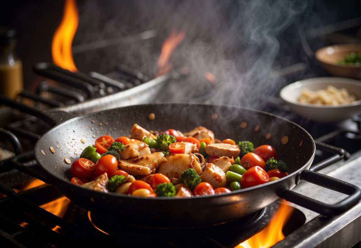 A wok sizzles as chicken, tomatoes, and aromatics are stir-fried in a savory sauce