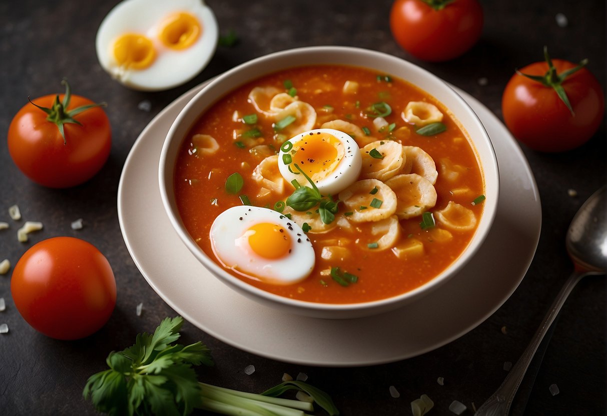 A pot of simmering tomato egg soup with floating egg ribbons and chopped scallions, surrounded by fresh tomatoes and eggs