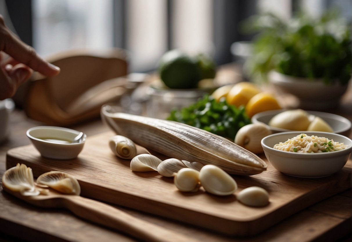 A hand reaching for a can of razor clams next to a cutting board with fresh ingredients and a recipe book open to a Chinese canned razor clam recipe