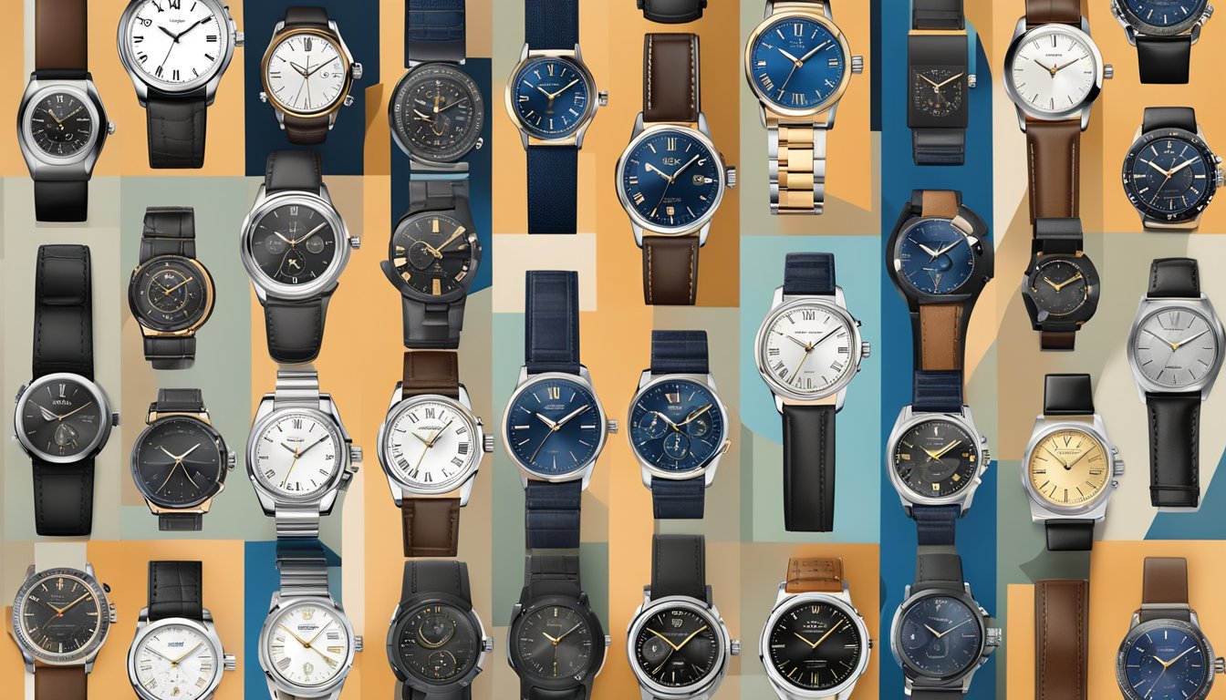 A display of popular men's watch brands, arranged neatly on a sleek, modern countertop. Each timepiece exudes luxury and sophistication, showcasing a variety of styles and materials