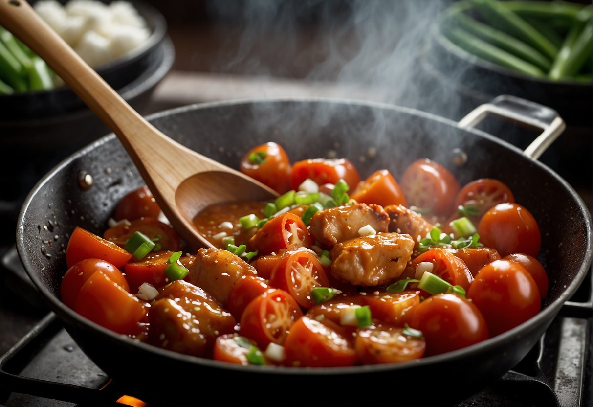 Tomato chicken sizzling in a wok, surrounded by garlic, ginger, and green onions. Steam rises as the ingredients are tossed together with soy sauce and sugar