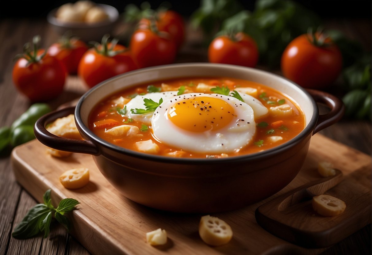 A pot of simmering Chinese tomato egg soup with floating tomato chunks and beaten eggs, surrounded by fresh tomatoes and eggs on a wooden cutting board