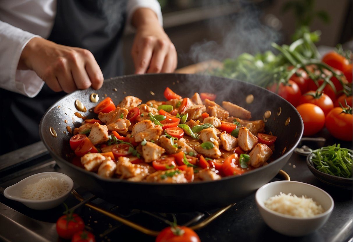 A wok sizzles with diced chicken, tomatoes, and aromatic spices. A chef adds soy sauce and sugar, then simmers until the sauce thickens