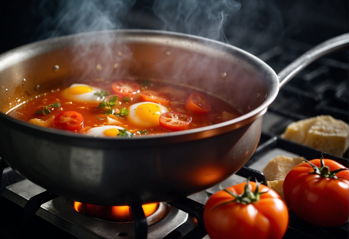 A pot simmering on a stove, filled with a vibrant red tomato-based broth, chunks of tomato, and beaten eggs swirling in the mixture
