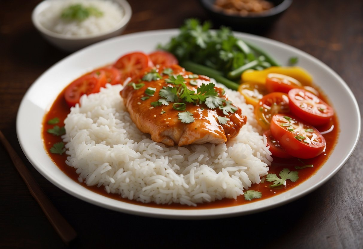 A steaming plate of Chinese tomato chicken garnished with fresh cilantro and served with a side of steamed rice and stir-fried vegetables