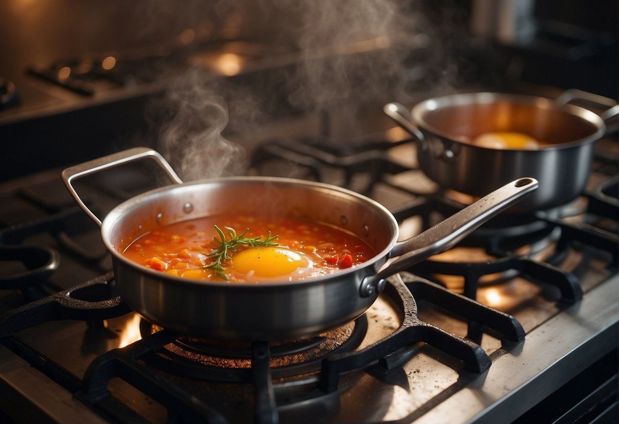 A pot simmers on a stove. Tomatoes and eggs are being added, stirred, and seasoned with salt and sugar. Steam rises as the soup cooks