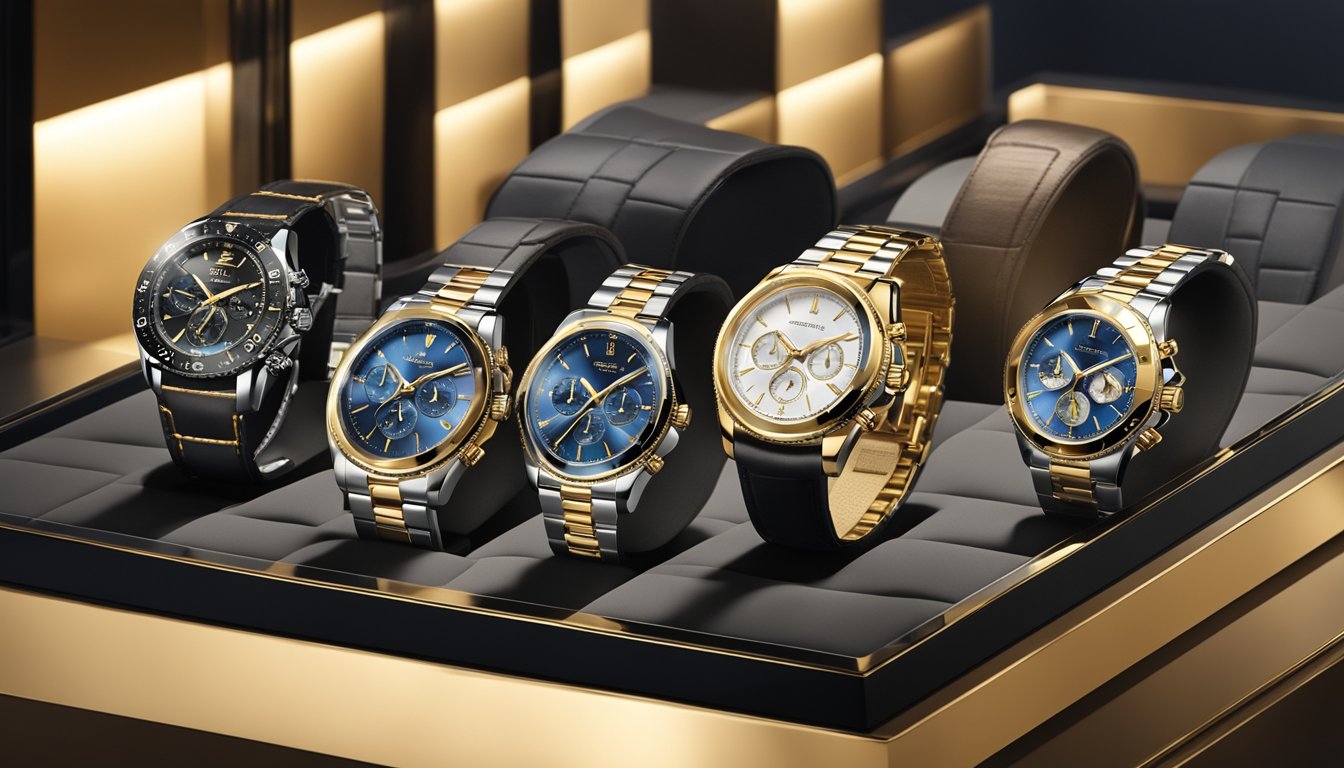 Luxury watch brands displayed on a velvet-lined glass case with soft, golden lighting. Brand logos and intricate watch designs are prominently featured