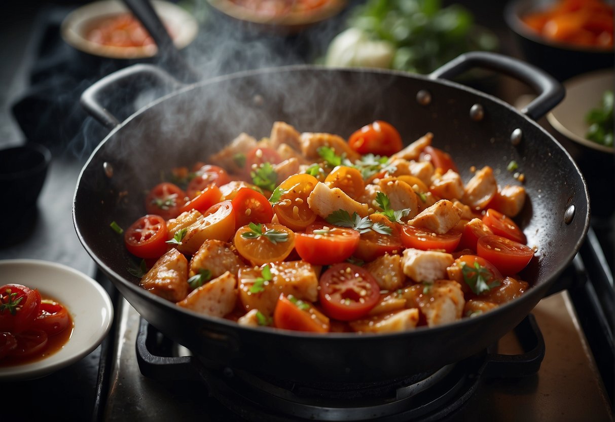 A wok sizzles as diced tomatoes and chicken are stir-fried with aromatic Chinese spices. Steam rises as the savory sauce coats the ingredients
