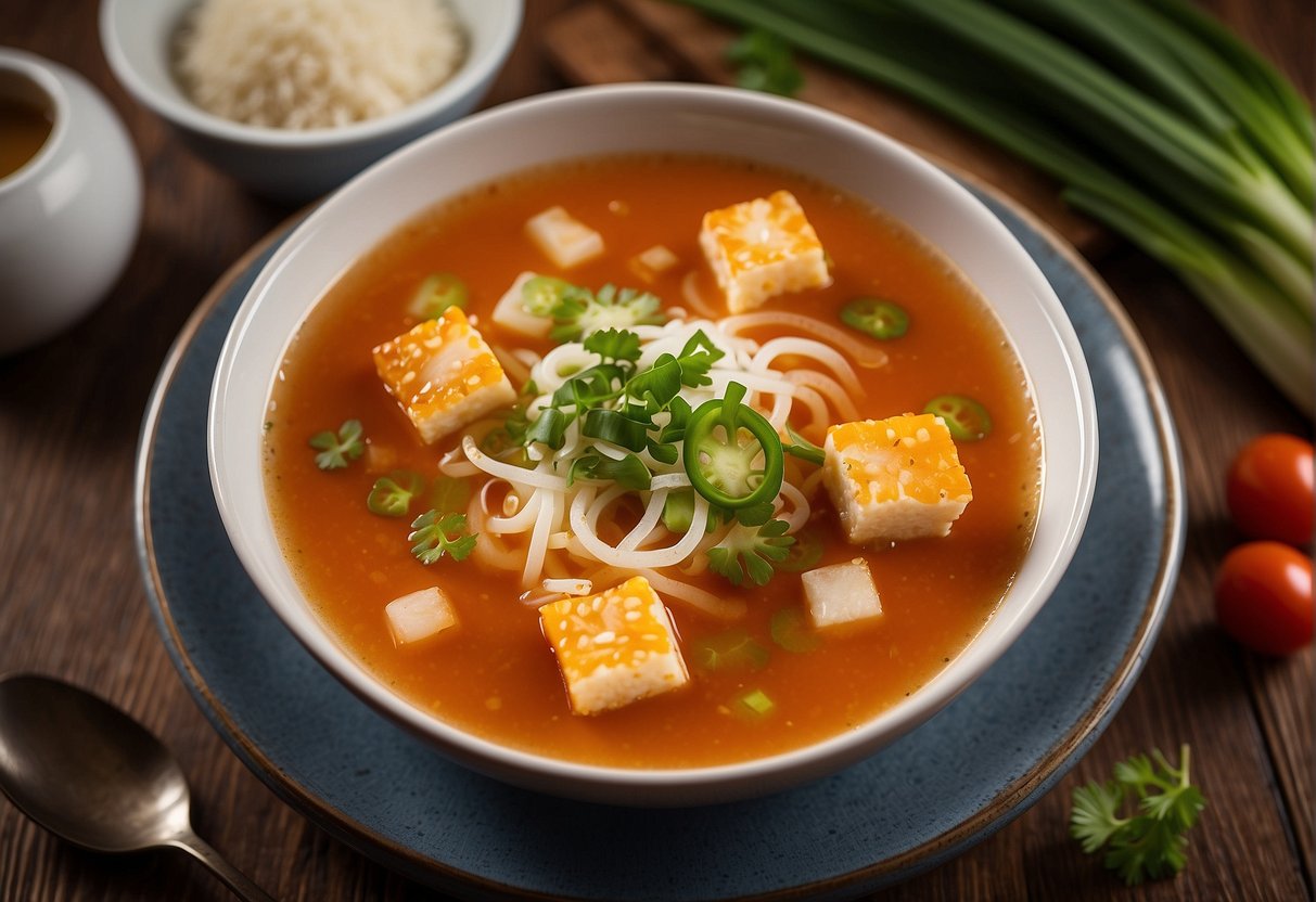A steaming bowl of Chinese tomato egg soup is placed on a wooden table, garnished with fresh green onions and a drizzle of sesame oil