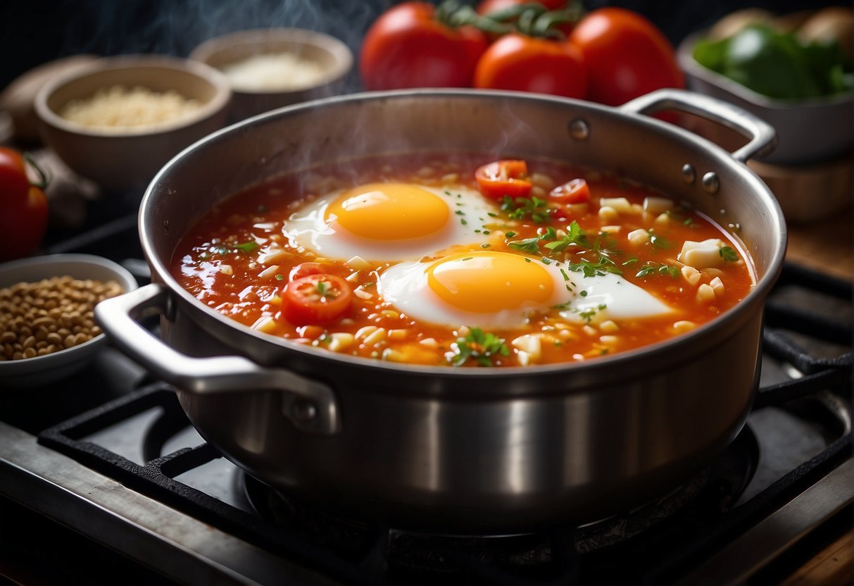 A pot simmers on a stove, filled with a vibrant red tomato and egg soup. Surrounding the pot are various ingredients like tomatoes, eggs, and seasonings, showcasing the different variations and dietary considerations for the Chinese dish
