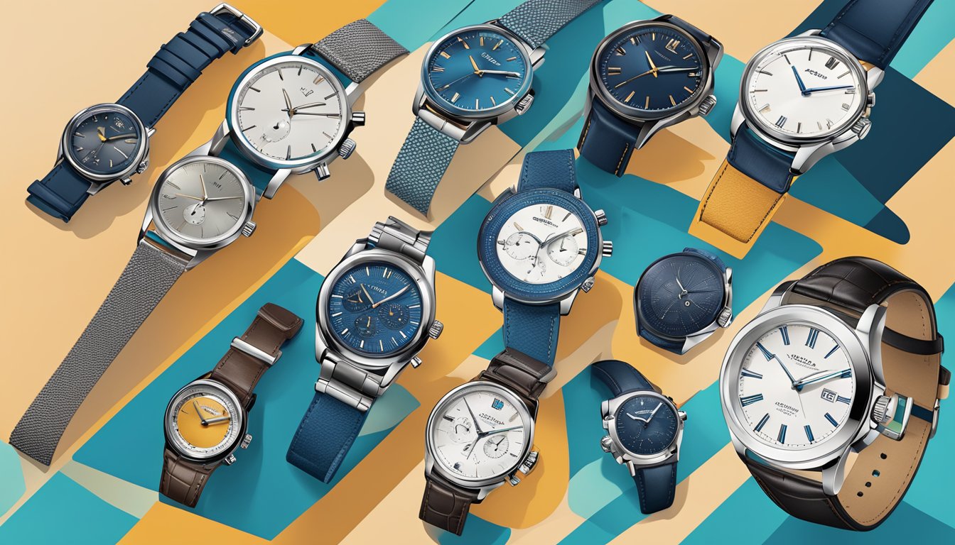 A display of sleek, modern watch designs from top men's brands. Bold colors and intricate details stand out against a minimalist backdrop