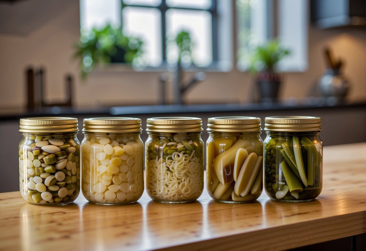 A variety of canned razor clam recipes from China, featuring flavor enhancements and variations, are neatly displayed on a kitchen countertop