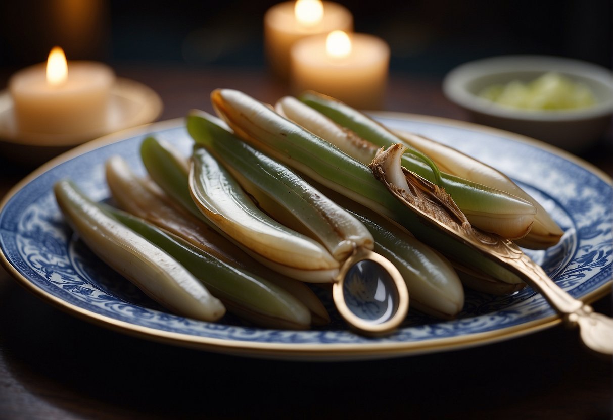 A can of razor clams being opened and arranged on a Chinese-style serving dish