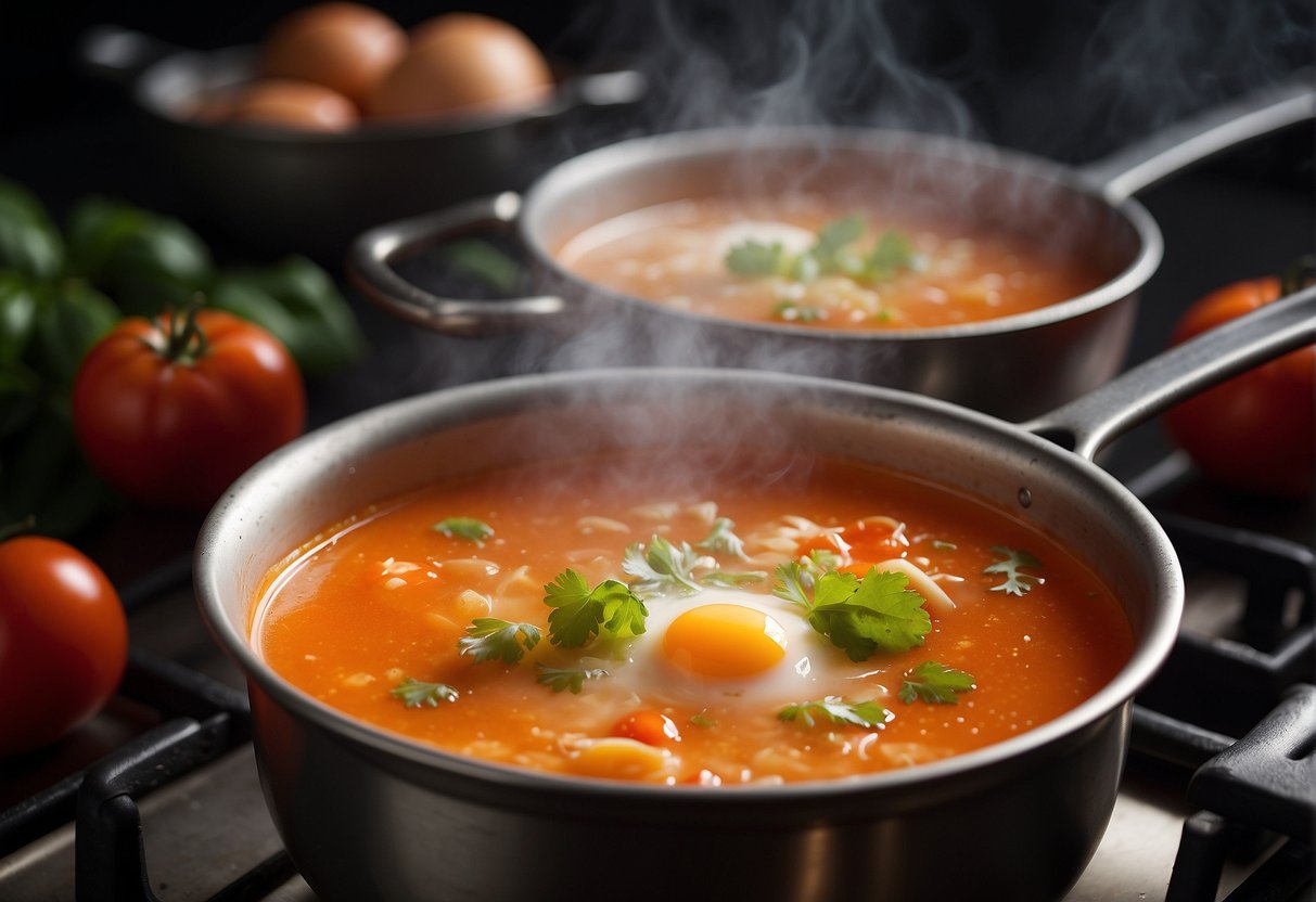 A steaming pot of Chinese tomato egg soup simmering on a stovetop, with fresh tomatoes, beaten eggs, and fragrant spices nearby