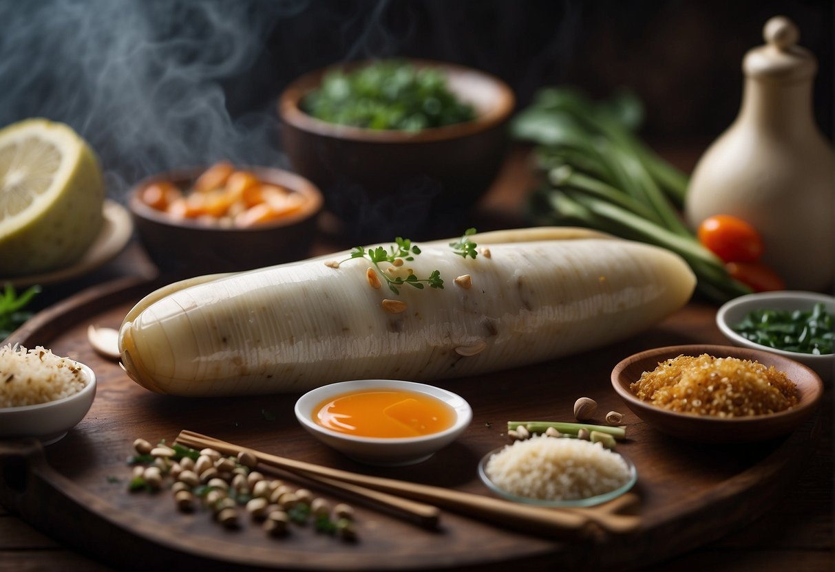 A can of razor clams surrounded by Chinese cooking ingredients and utensils