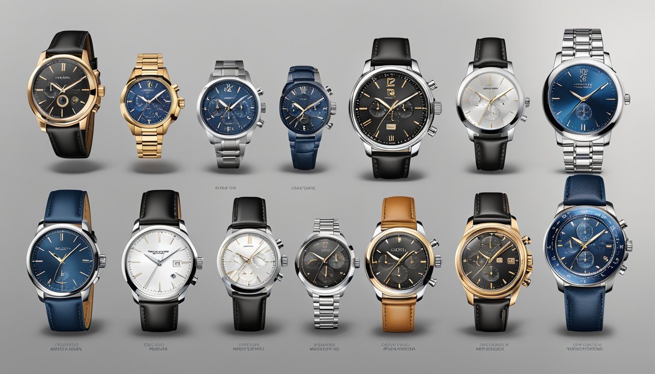 A display of sleek, modern timepieces from popular men's watch brands, showcasing affordable quality and style