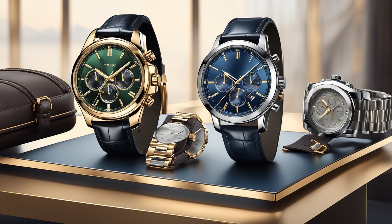 A collection of popular men's watch brands displayed on a sleek, modern watch stand, surrounded by luxurious leather and metal accessories