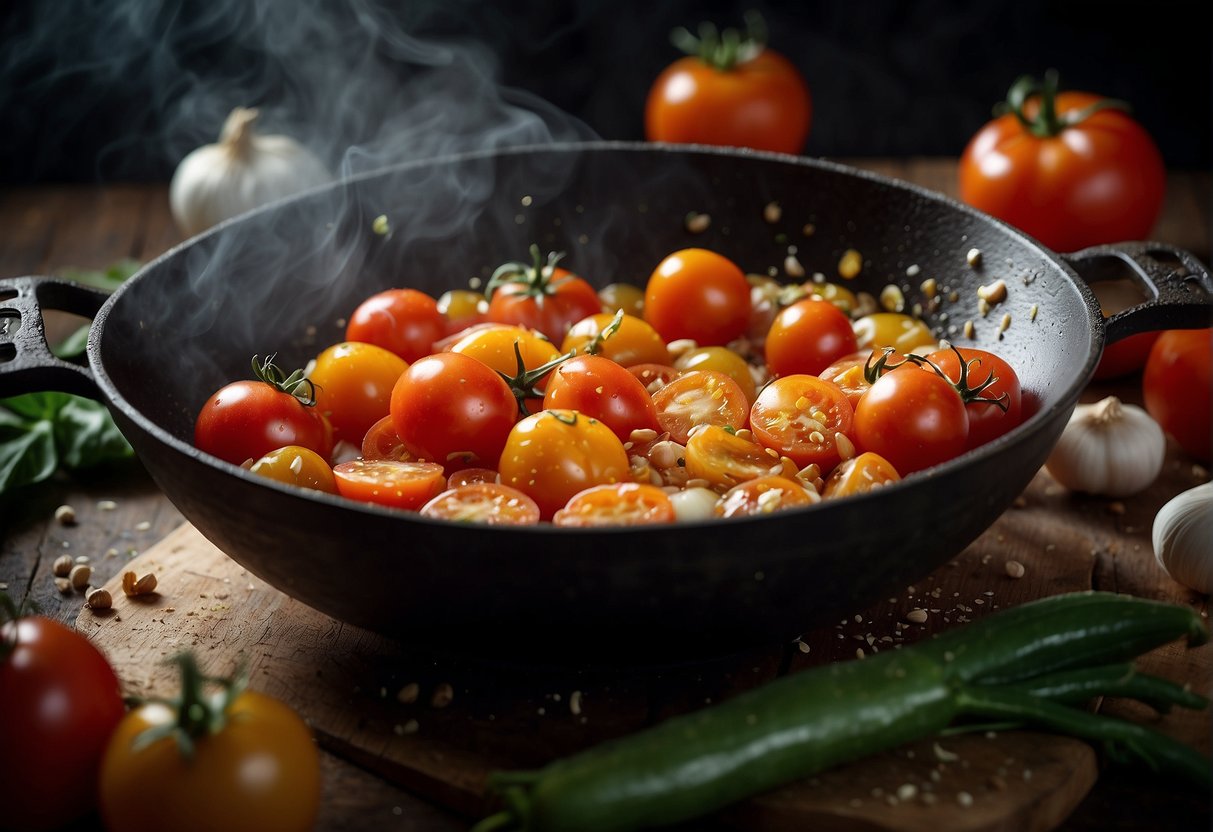 Fresh tomatoes, garlic, and ginger sizzling in a wok. A splash of soy sauce and a sprinkle of sugar added. Steam rising