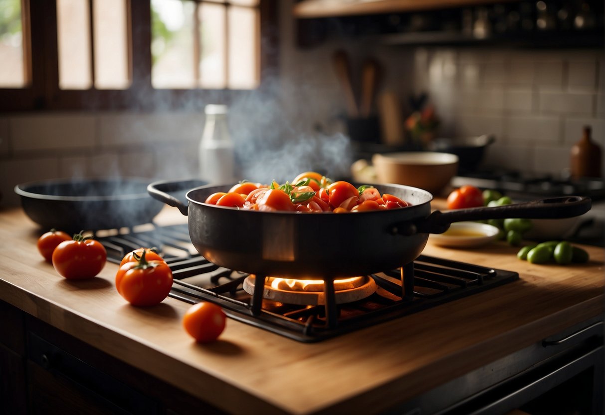 A traditional Chinese kitchen with fresh tomatoes, ginger, garlic, and soy sauce laid out on a wooden table. A wok sizzles on a gas stove as a chef prepares the savory tomato dish