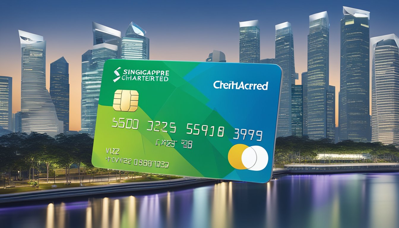 A sleek Standard Chartered Smart Credit Card sits on a clean, modern surface, with the Singapore skyline in the background