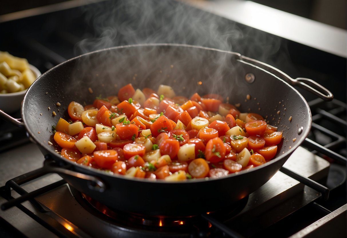 A wok sizzles with diced tomatoes, garlic, and ginger. A chef adds soy sauce and sugar, then stirs in cornstarch slurry