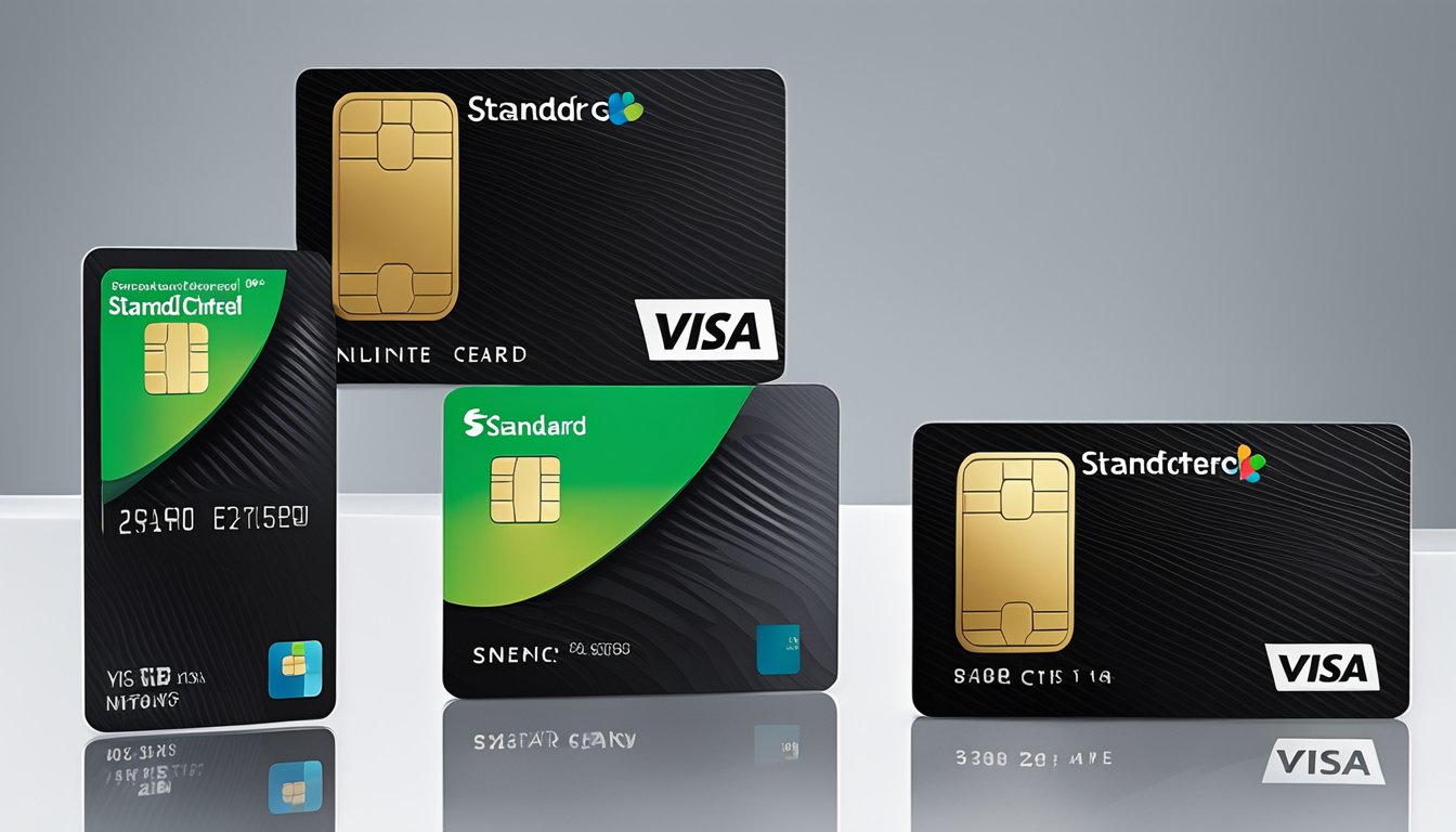 A sleek black Standard Chartered Visa Infinite Card sits on a polished surface, surrounded by other Standard Chartered credit cards. The logo is prominently displayed, and the card exudes an aura of exclusivity and prestige