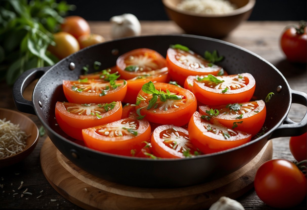 Tomato slices sizzling in a wok with garlic and ginger. A platter of fresh herbs and spices nearby