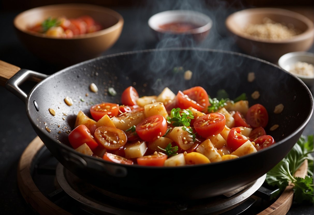 A wok sizzles as diced tomatoes, garlic, and ginger are stir-fried with soy sauce and sugar. A splash of vinegar is added, creating a sweet and tangy aroma