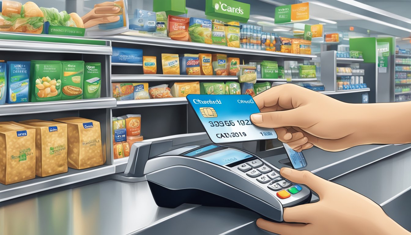 A person swiping a Standard Chartered credit card at various everyday locations in Singapore, such as a grocery store, restaurant, and transportation terminal