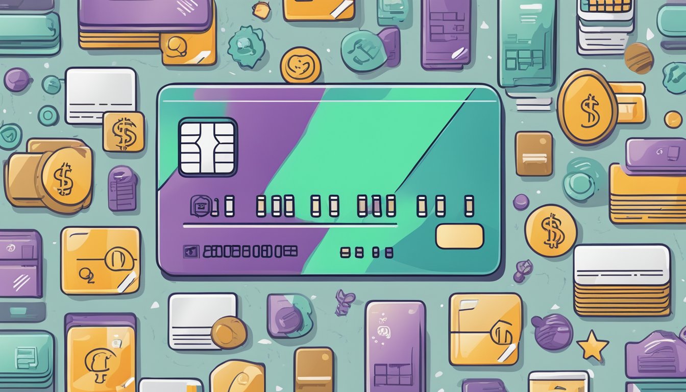A credit card with perks and fees, surrounded by icons representing rewards and charges