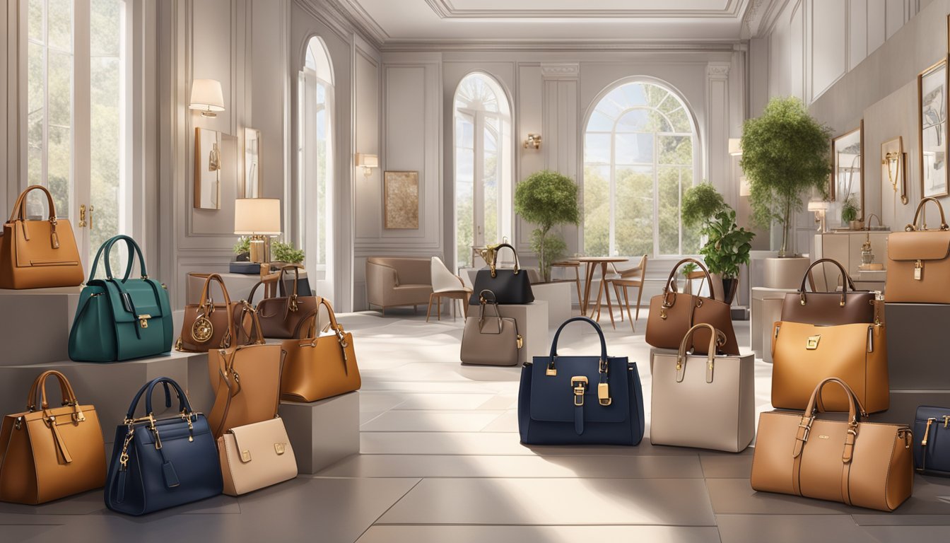 A display of European bag brands in a chic boutique setting, featuring elegant leather handbags and stylish crossbody bags