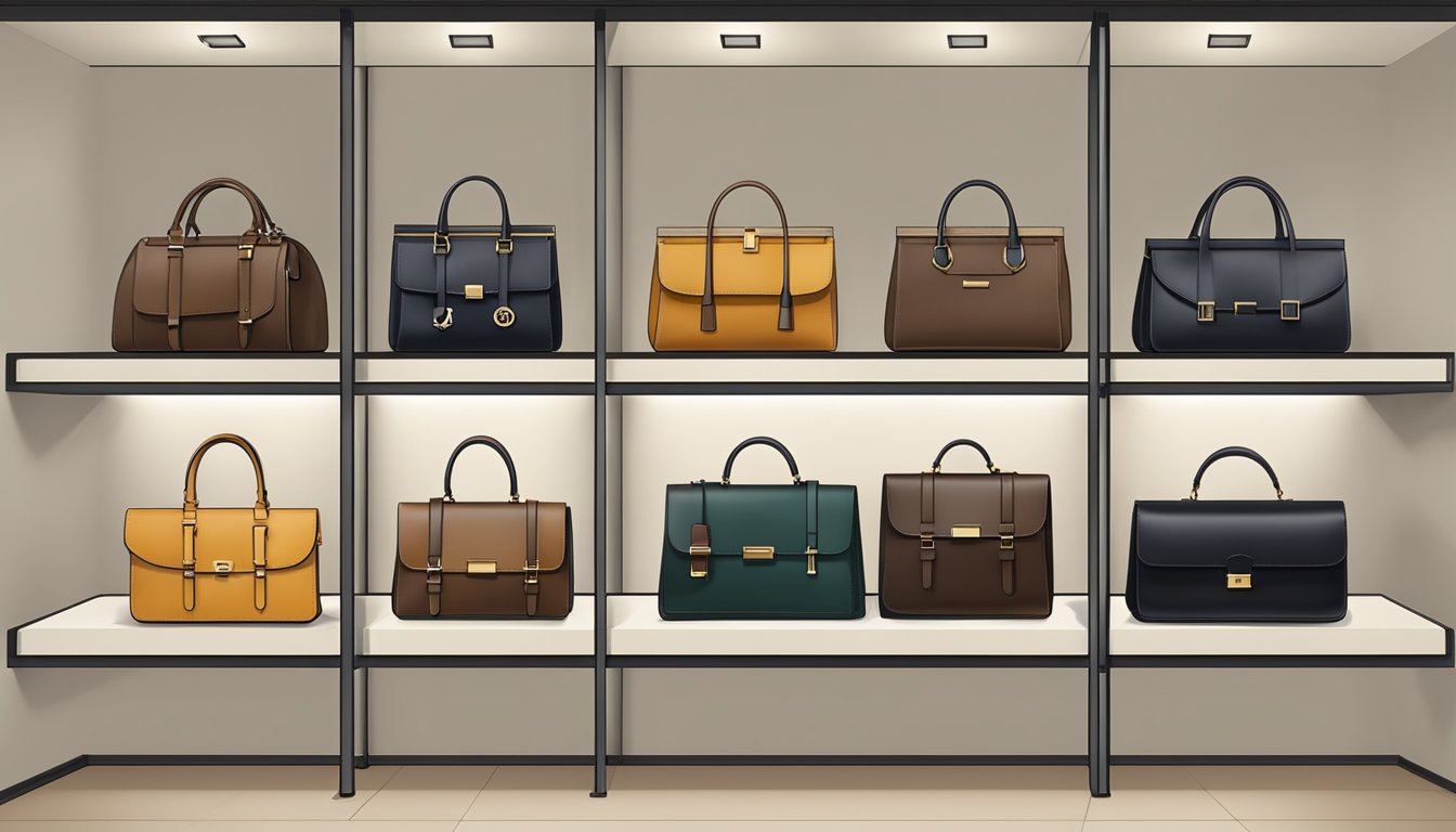 A display of elegant European bag brands, arranged on a sleek, minimalist shelf in a high-end boutique. The bags exude luxury and sophistication with their fine craftsmanship and timeless designs