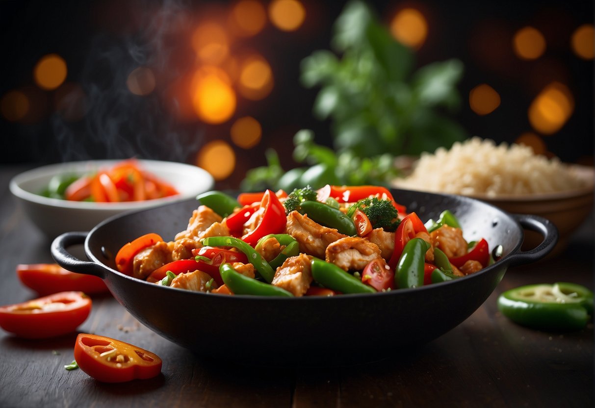 Sizzling capsicum chicken stir-fry in a wok, with vibrant red and green peppers, sliced chicken, and a savory Chinese sauce