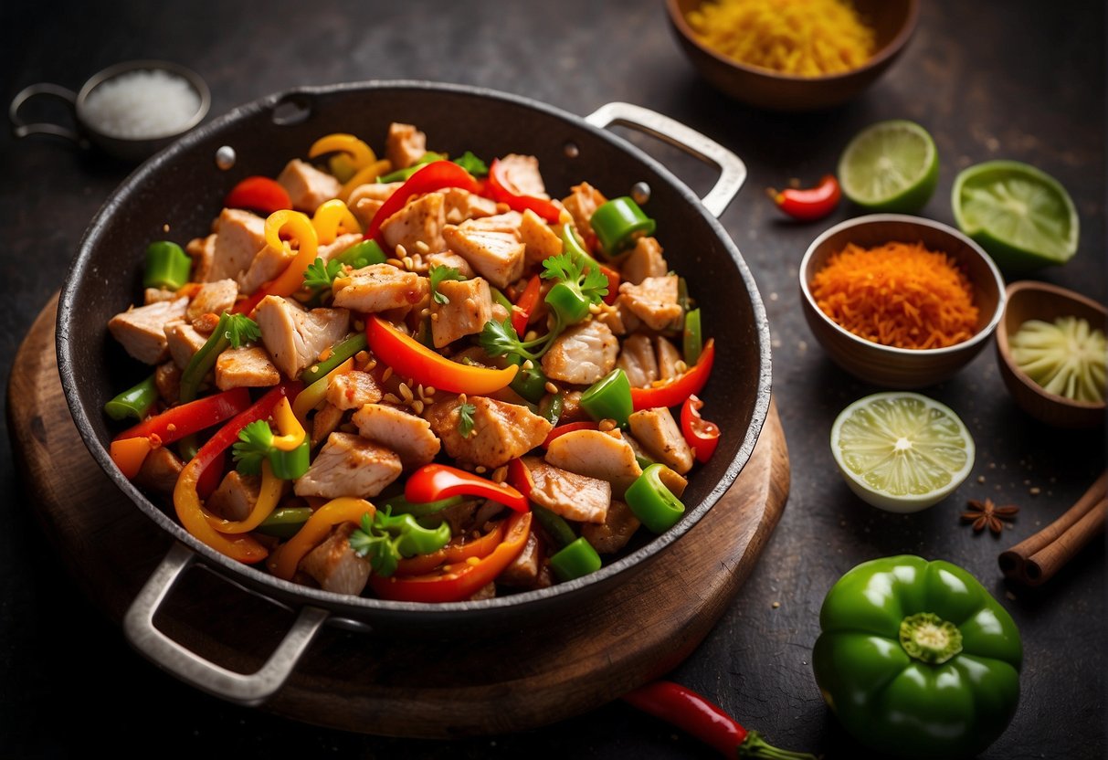 A sizzling wok stir-fries diced chicken, vibrant capsicum, and aromatic Chinese spices for the essential ingredients capsicum chicken recipe