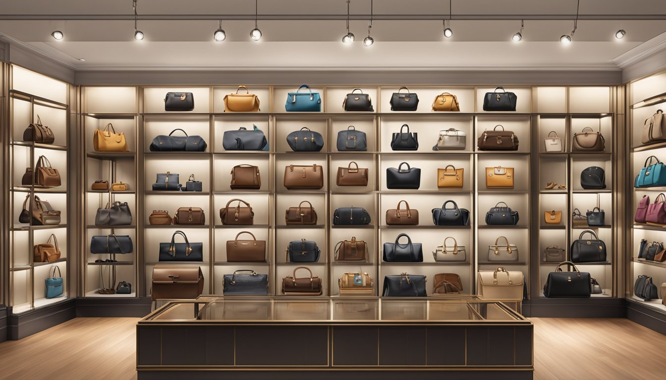 Rows of iconic European bag designs displayed in a luxurious boutique setting, showcasing the craftsmanship and elegance of renowned European bag brands