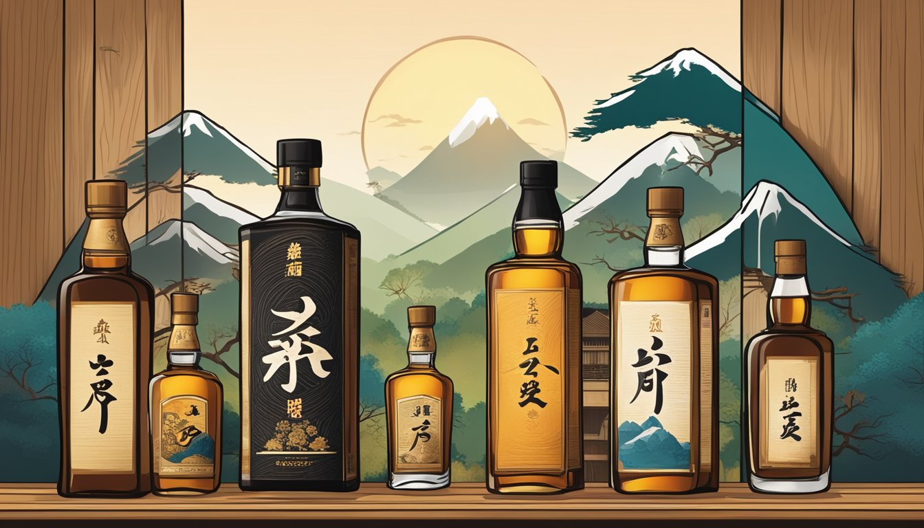 Bottles of Japanese whiskey arranged on a wooden shelf, with traditional Japanese artwork in the background